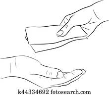 hand, giving and taking money bills of monochrome vector illustration