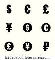 riadiť, špinavý, currency symbols, icons, set