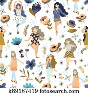 Seamless pattern with different dancing women. 8 march.