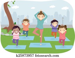 stickman, niños, al aire libre, yoga