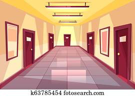 Vector cartoon hallway, corridor with many doors Vector cartoon hallway, corridor with many doors