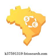 abbildung, von, ein, freigestellt, brasilien, landkarte, mit, dollar, euro, tauschen, zeichen