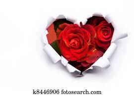 arte, buquet, de, rosas vermelhas, e, a, papel, corações, ligado, valentine, dia