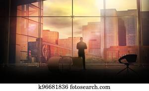 Businessman at the office window overlooking the city buildings, 3D render.