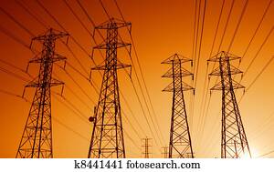 poder elétrico, transmissão, linhas, em, pôr do sol