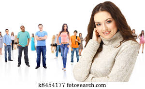 ei, ung kvinne, med, stor, gruppe, av, det, ung, smiling, students., over, hvit bakgrunn