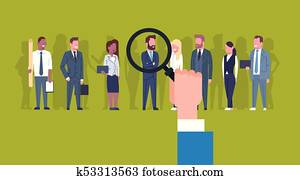 hora, tenencia de la mano, lupa, pico, hombre de negocios, de, grupo de empresarios, candidato, reclutamiento, concepto