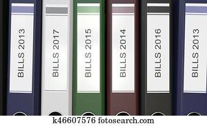 Multiple office folders with Bills text labels 3D rendering different years