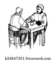 a sketch of a man conversing over dinner at a table in a restaur a sketch of a man conversing over dinner at a table in a restaur