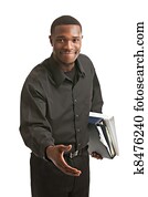 Businessman holding clipboard smiling isolated