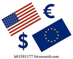 EURUSD forex currency pair illustration. EU and American flag, with Euro and Dollar symbol.
