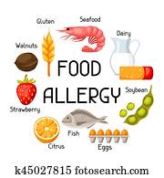 alimento, alergia, fundo, com, allergens, e, symbols., vetorial, ilustração, para, médico, site web, anunciando, medicações