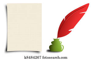 writing feather and ink bottle with