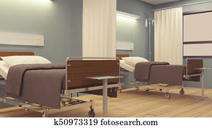 Empty blue hospital room.