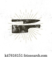Hand drawn meat cleaver and knife symbols. Vintage steak house symbol. Letterpress effect with sunbursts. design isolate on white background Hand drawn meat cleaver and knife symbols. Vintage steak house symbol. Letterpress effect with sunbursts. design isolate on white background