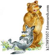 Happy cute bear and wolf Happy cute bear and wolf