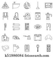 Rooming house icons set, outline style Rooming house icons set, outline style