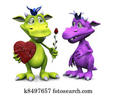 Toon monster giving rose to girl monster.