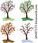 vetorial, jogo, de, quatro estações, de, macieira