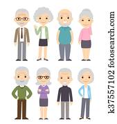 caricatura, ancianos, conjunto