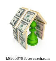 Green pawn under the roof made of money.