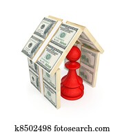 Red pawn under the roof made of money.