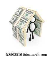 Small man under a roof made of money.