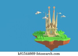 3D illustrator Basilica De La Sagrada Familia in Spain. 3d rendering Low Polygon Geometry Background. Abstract Polygonal Geometric Shape. Lowpoly Minimal Style Art. 3D illustrator Basilica De La Sagrada Familia in Spain. 3d rendering Low Polygon Geometry Background. Abstract Polygonal Geometric Shape. Lowpoly Minimal Style Art.