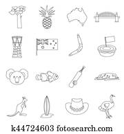 Australia travel icons set, outline style Australia travel icons set, outline style