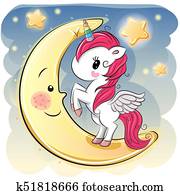 Cartoon Unicorn girl on the moon