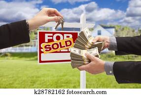 Handing Over Cash for Keys in Front of House, Sign Handing Over Cash for Keys in Front of House, Sign