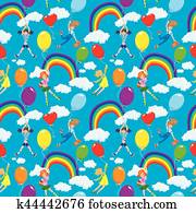 Seamless pattern with rainbows, clouds, colorful balloons and cute girls with teddy bears on sky blue background. Seamless pattern with rainbows, clouds, colorful balloons and cute girls with teddy bears on sky blue background.