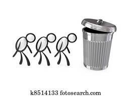 triste, 3d, pequeno, pessoas, e, grande, dustbin.