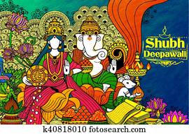 אלילה, lakshmi, ו, אלוהים, גאנאשה, ב, שמח, diwali, חופשה, שרבט, רקע, ל, אור, פסטיבל, של, הודו