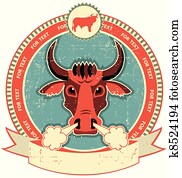 Bull head label on old paper texture. Vintage style