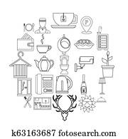 Furnished rooms icons set, outline style Furnished rooms icons set, outline style