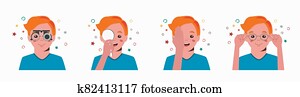 בחור, ראיה, בדיקה כללית, ב, ophthalmological, clinic., אופטומטריסט, לבדוק, צחק, ראיה, עם, משקפיים, רפואי, equipment., set., משקפיים, עדשה, selection., דירה, ציור היתולי, אופי, דוגמה