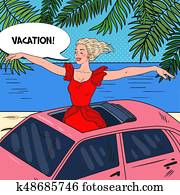Pop Art Happy Woman Standing in a Pink Car Sunroof with Arms Wide Open. Beach Vacation. Vector illustration