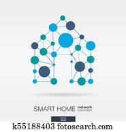 חכם, בית, אחד, רזה, קוים, ו, circles., דיגיטלי, עצבי, רשת, concept.