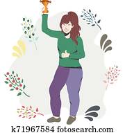 女性, 慶祝, 贏得, 由于, a, 金, trophy.
