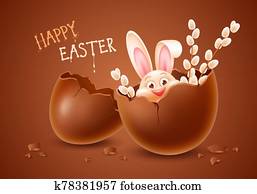 kapot, pasen, chocoladeei, met, vrolijk, paashaas, binnen