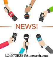 notícia, jornalismo, concept., mãos, com, microfones, e, ditafones