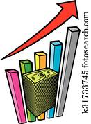 positivo, empresa / negocio, gráfico, con, flecha, y, grande, pila de dinero, -, concepto de la corporación mercantil