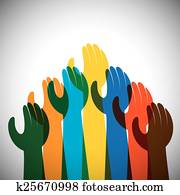 vector icon of many hands in the air - concept of unity, support