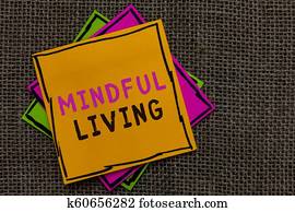 Text sign showing Mindful Living. Conceptual photo Fully aware and engaged on something Conscious and Sensible Paper notes Important reminders Communicate ideas messages Jute background.