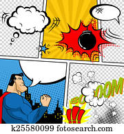 Vector Retro Comic Book Speech Bubbles Illustration. Mock-up of Comic Book Page with place for Text, Speech Bubbls, Symbols, Sound Effects, Colored Halftone Background and Superhero Vector Retro Comic Book Speech Bubbles Illustration. Mock-up of Comic Book Page with place for Text, Speech Bubbls, Symbols, Sound Effects, Colored Halftone Background and Superhero