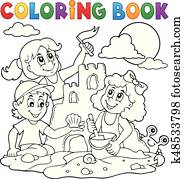 Coloring book children and sand castle Coloring book children and sand castle