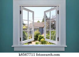 Open window to the back yard with small shed. Open window to the back yard with small shed.