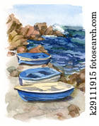 Watercolor seascape with boats Watercolor seascape with boats