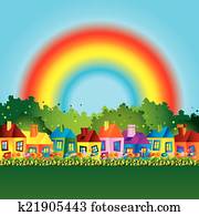 Cartoon family home with Rainbow Cartoon family home with Rainbow
